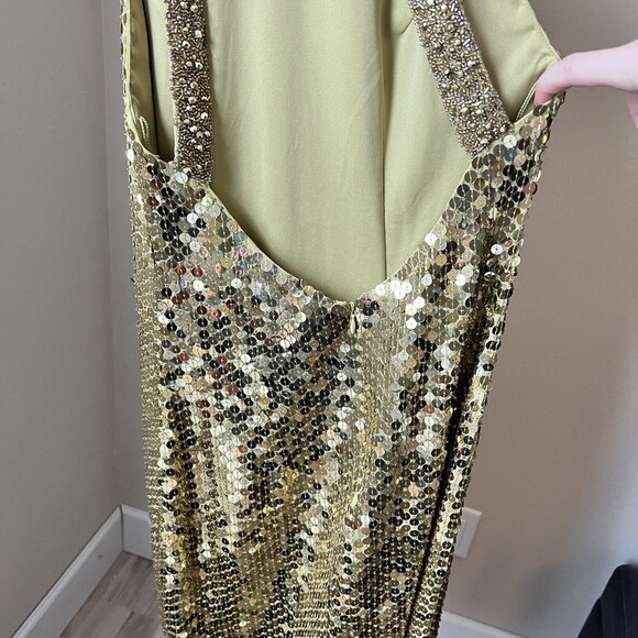 Cache Gold Sequin Dress Beaded High Neck Halter Embellished Open Back Size 4 - Picture 5 of 8